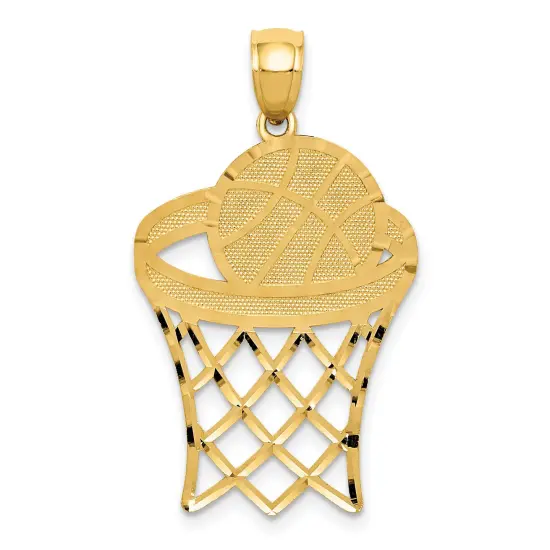 14K Yellow Gold Basketball in Hoop Charm Sports Pendant 32 X 19mm Jewerly {1}