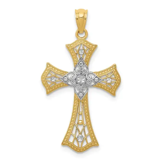 14K Gold Rhodium Plated Two Tone Diamond Cut Cross Pendant Charm 28mm x 18mm {1}