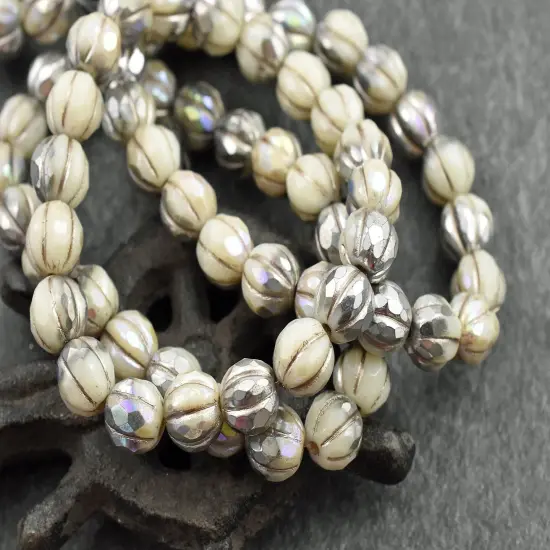 *20* 8mm Silver Washed Ivory AB Faceted Round Melon Beads {1}