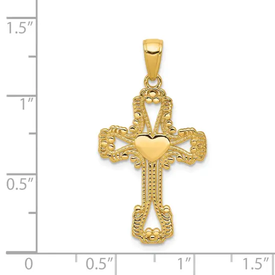 14K Gold Beaded Cross With Heart Pendant Charm Jewelry 32mm x 18mm {2}
