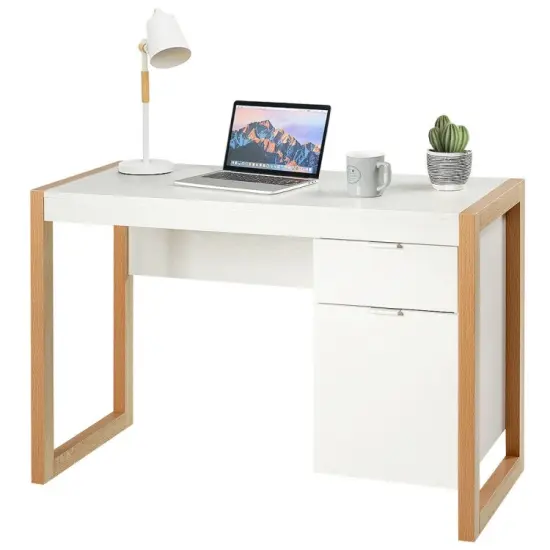 Modern Computer Desk Study Table Writing Workstation with Cabinet and Drawer-White {3}