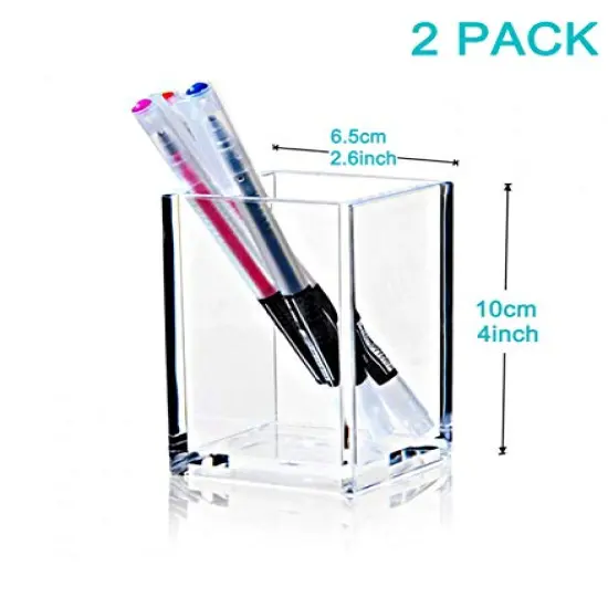 2 Pack Clear Acrylic Pencil Pen Holder Cup,Desk Accessories Holder,Makeup Brush Storage Organizer,Modern Design Desktop Stationery Organizer for Office School Home Supplies,2.6x 2.6x 4 inches {3}