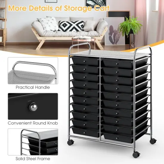 20-Drawer Mobile Storage Organizer Cart with Brake Wheels and Steel Frame for Home or Office Use Black {5}