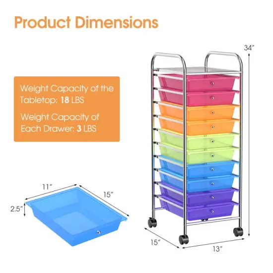 10-Drawer Rolling Storage Cart with Lockable Wheels and Steel Frame for Home or Office Use Clear Multicolor {6}