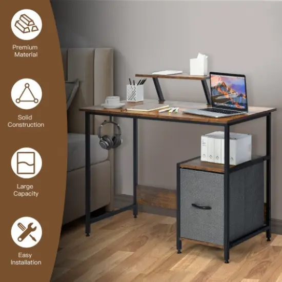 Computer Desk with Reversible Storage Drawer and Moveable Shelf-Brown {3}