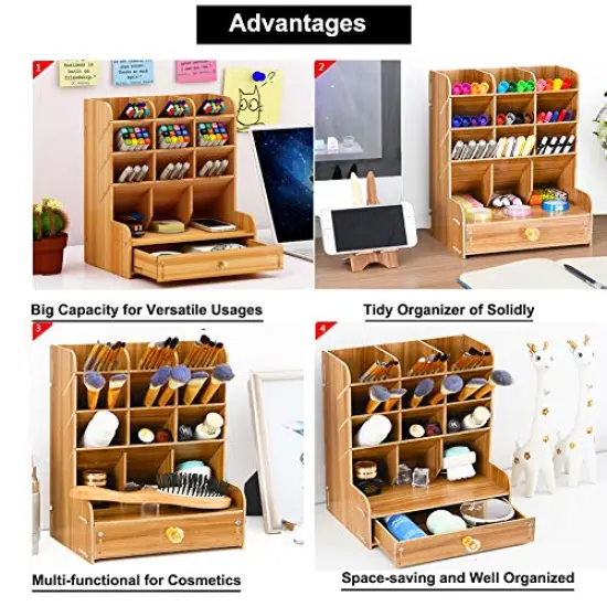 Wooden Desk Organizer, Multi-Functional DIY Pen Holder, Organizer for desk, Desktop Stationary, Easy Assembly, Home Office Art Supplies Storage with Drawer (B11-Cherry Color) {4}