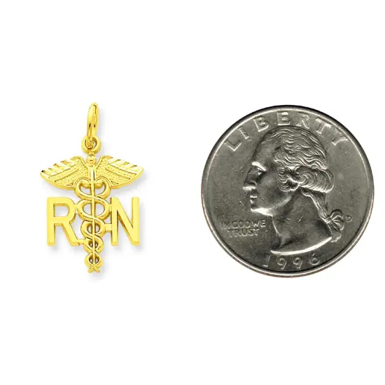 14K Gold RN Caduceus Charm Nurse Pendant FindingKing {2}