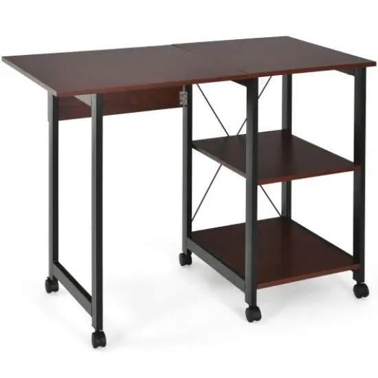 6 Universal Wheels Folding Computer Desk with 2-tier Open Storage Shelves Brown {1}