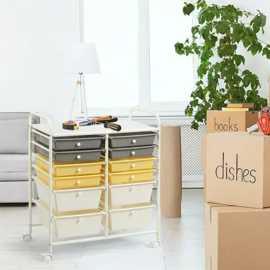 Mobile 12-Drawer Storage Organizer Cart with Ventilated Top Locking Wheels and Sturdy Frame Yellow {5}