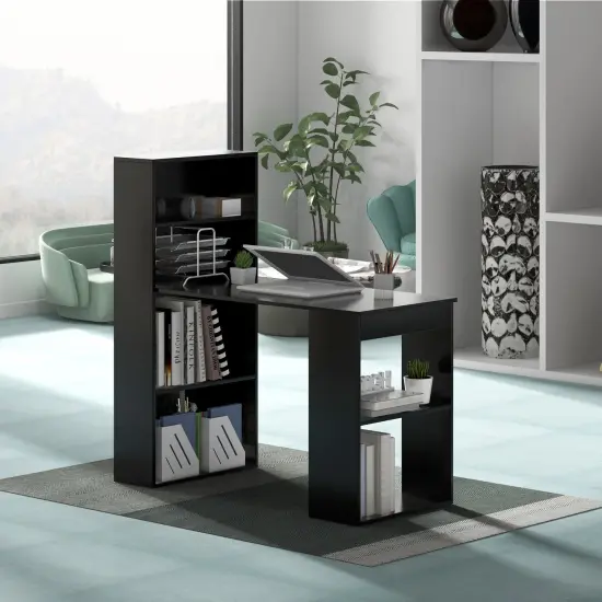 48" Computer Writing Desk with Bookshelf with Storage Shelves for Home Office Study Room Black {2}