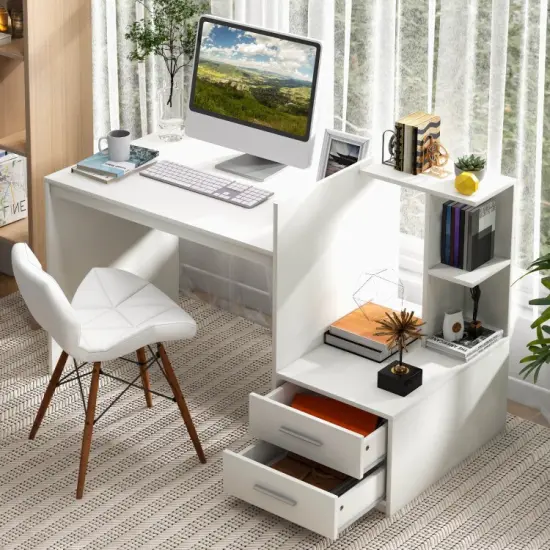 White Computer Desk with Drawers and Bookshelf 51" Home Office Writing Table with Storage {4}