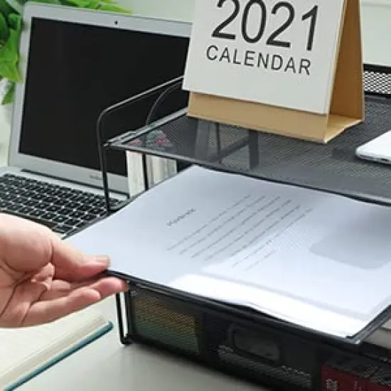 4 Tier Paper Letter Tray Organizer with Drawer and Pen Holder, Mesh Desktop Organizer Storage for Office Supplies (Black) {5}