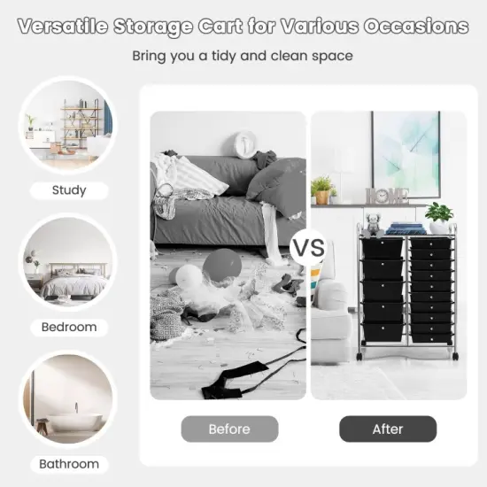 15-Drawers Multi-Use Rolling Storage Organizer Cart with Chrome Finish Steel Frame Perfect for Any Room Black {5}
