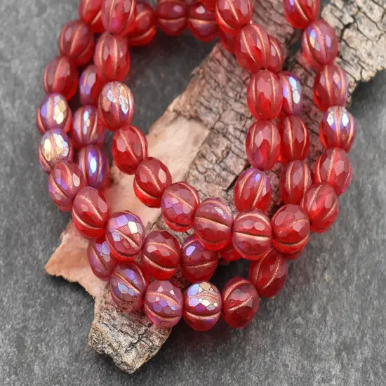 *20* 8mm Copper Washed Matte Red AB Faceted Round Melon Beads {3}