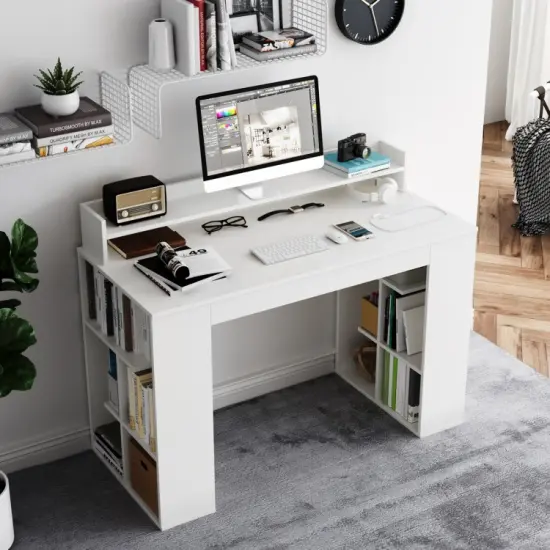 White Office Computer Desk with Dual 3 Tier Bookshelf and Monitor Shelf {2}