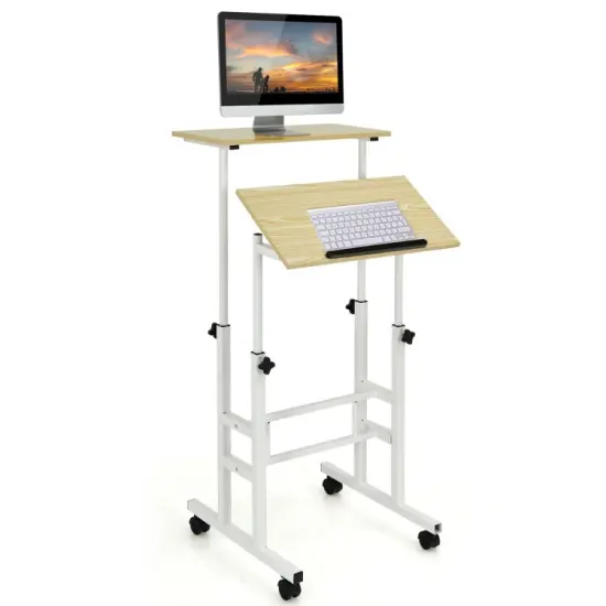 Height Adjustable Mobile Standing Desk with rolling wheels for office and home Natural {8}