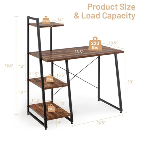 Compact Computer Desk Workstation with 4 Tier Shelves for Home and Office Brown {6}