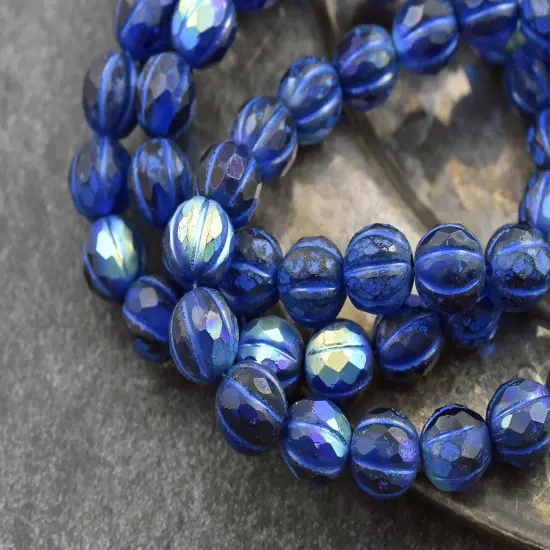 *20* 8mm Blue Washed Matte Sapphire AB Faceted Round Melon Beads {2}