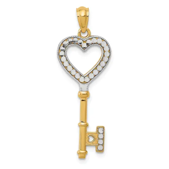 14K Two Tone Gold Heart Key Pendant Charm Jewelry 32 x 12 mm {1}
