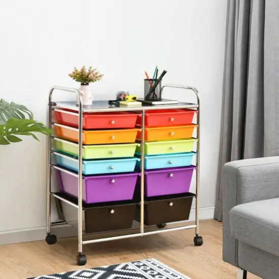 Mobile 12-Drawer Storage Organizer Cart with Ventilated Top Locking Wheels and Sturdy Frame Deep Multicolor {2}