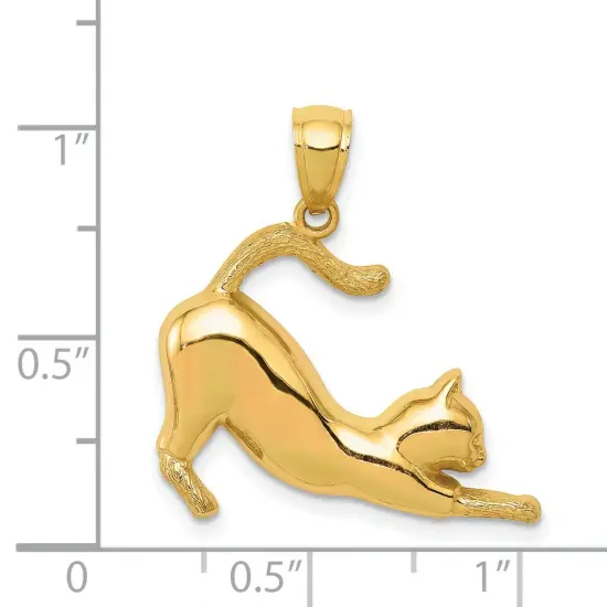 14K Yellow Gold Stretching Cat Charm Kitty Pendant Jewerly 25mm x 24mm {2}