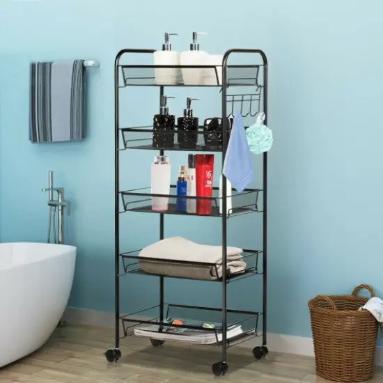 5 Tier Mesh Rolling File Utility Cart Storage Basket-Black {2}