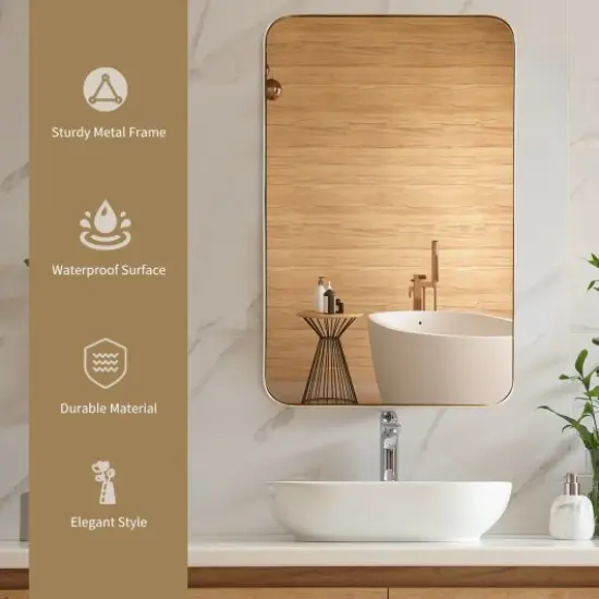 Wall-Mounted Rectangle Bathroom Mirror with Metal Frame Suitable for Home or Offices Golden {3}