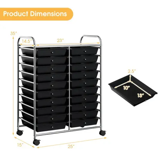 20-Drawer Mobile Storage Organizer Cart with Brake Wheels and Steel Frame for Home or Office Use Black {6}