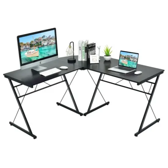 59 Inches L-Shaped Corner Desk Computer Table for Home Office Study Workstation Black {1}
