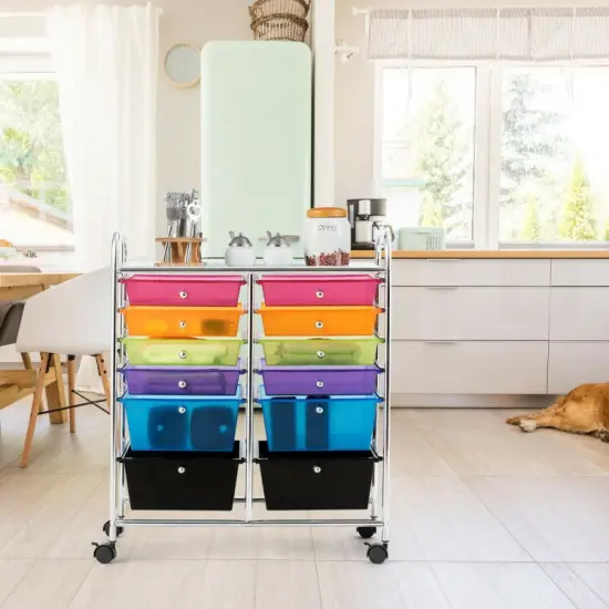 Mobile 12-Drawer Storage Organizer Cart with Ventilated Top Locking Wheels and Sturdy Frame Deep Multicolor {4}