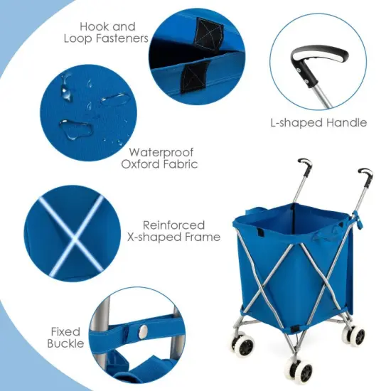 Folding Shopping Utility Cart with Water-Resistant Removable Canvas Bag-Blue {3}