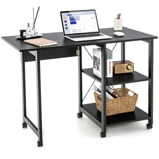 6 Universal Wheels Folding Computer Desk with 2-tier Open Storage Shelves Brown {7}