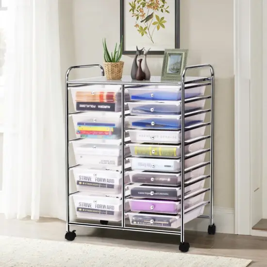 15-Drawers Multi-Use Rolling Storage Organizer Cart with Chrome Finish Steel Frame Perfect for Any Room Transparent {4}