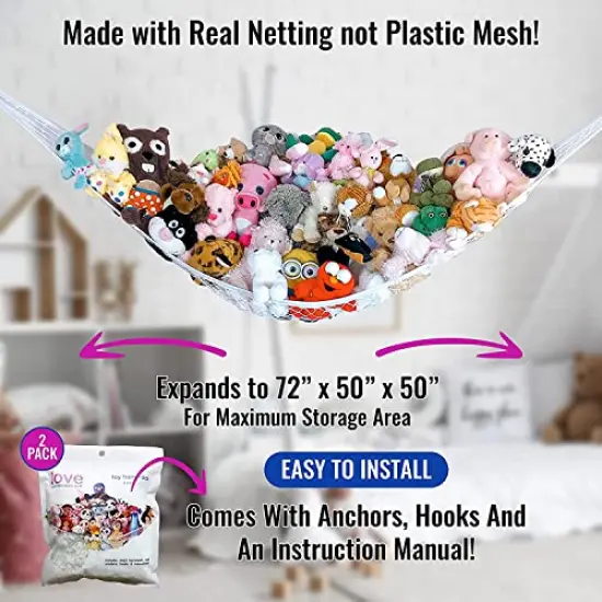 Large Stuffed Animal Net Hammock for Plushie Toys | Corner Hanging Organizer for your Teddy and Stuffy Collection | Easy to Hang w/Included Anchors & Hooks (White) {6}