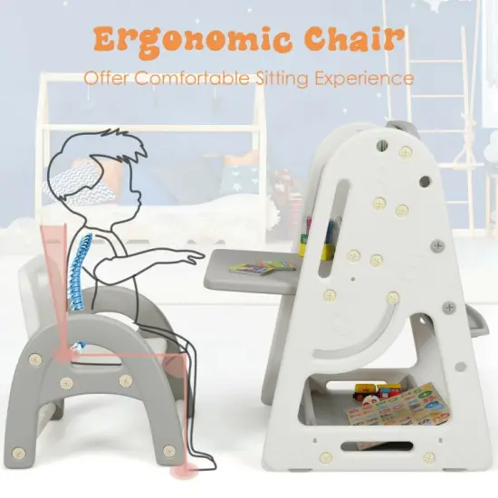 2-in-1 Kids Easel Desk Chair Set Book Rack Adjustable Art Painting Board Gray {3}