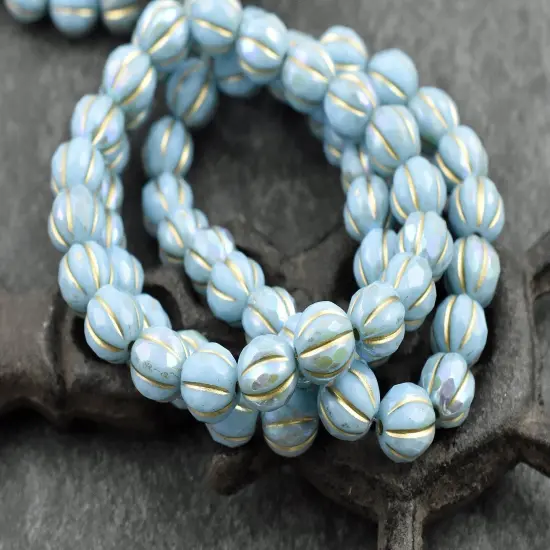 *20* 8mm Gold Washed Sky Blue AB Faceted Round Melon Beads {1}