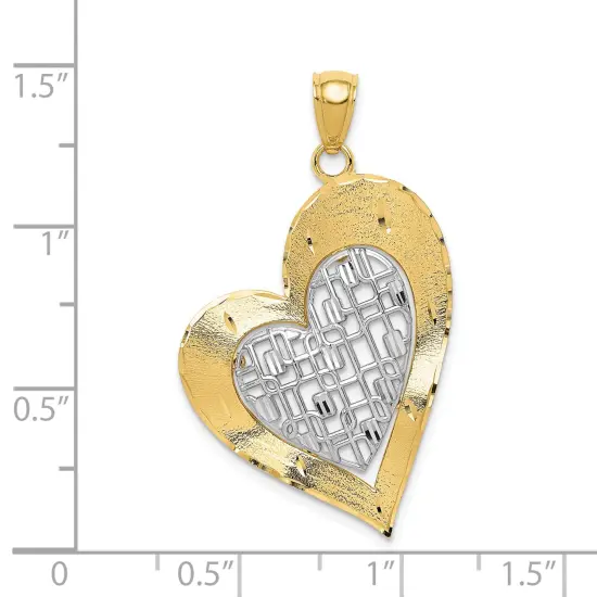 14K Two Tone Gold Diamond Cut Heart Pendant Charm Jewelry 37 x 22 mm {2}