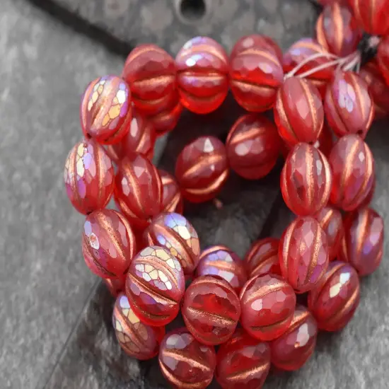 *12* 10mm Copper Washed Matte Ruby Red AB Faceted Round Melon Beads {2}