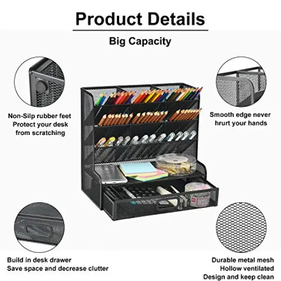 Mesh Desk/ Desktop Stationary Organizer, Multi-Functional Pen Holder, Storage Rack for School Home Office Art Supplies (Black Mesh Pen Holder with Drawer) {6}
