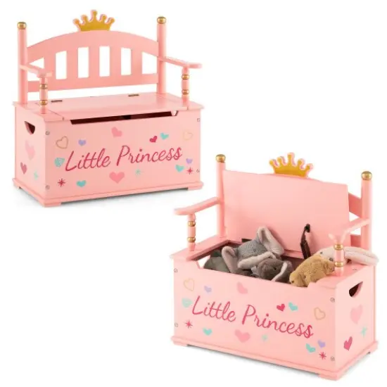 2-In-1 Kids Princess Wooden Toy Box with Safe Hinged Lid-Pink {1}