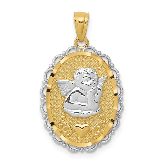 14K Two Tone Gold Guardian Angel Pendant Charm Jewerly 26mm x 16mm {1}