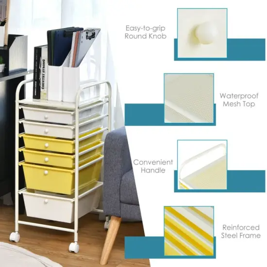 Multi-functional 6 Drawers Rolling Storage Cart Organizer with Four Movable Casters Yellow {5}