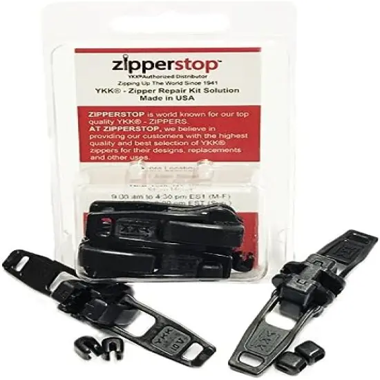 YKK Zipper Repair KitVislon #10 Slider / Pull Type Plastic - Top Stoppers Clam Shell Box W/Hanger (Locking Double Pulls, Black 2 Pulls Top Stoppers) {1}