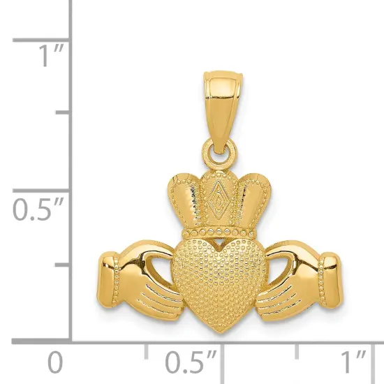14K Gold Claddagh Pendant Charm Jewelry With Textured Crown 20 x 19 mm {2}