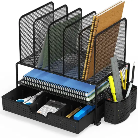 Simple Houseware Mesh Desk Organizer with Sliding Drawer, Double Tray and 5 Upright Sections, Black {5}