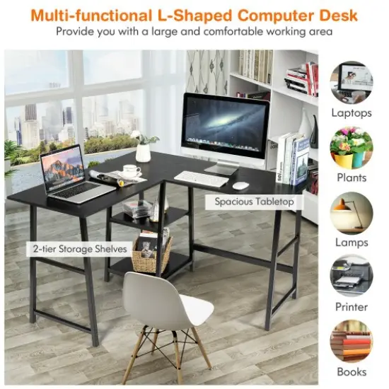 L Shaped Corner Computer Desk with Storage Shelves and Heavy Duty Metal Frame Black {3}