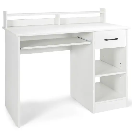 Modern Computer Desk with Large Drawer Pull-Out Keyboard Tray and Multi-Level Storage Shelf Black {8}
