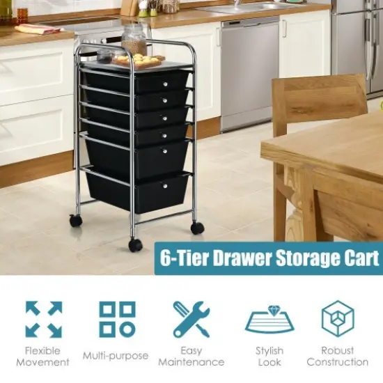 Multi-functional 6 Drawers Rolling Storage Cart Organizer with Four Movable Casters Black {3}