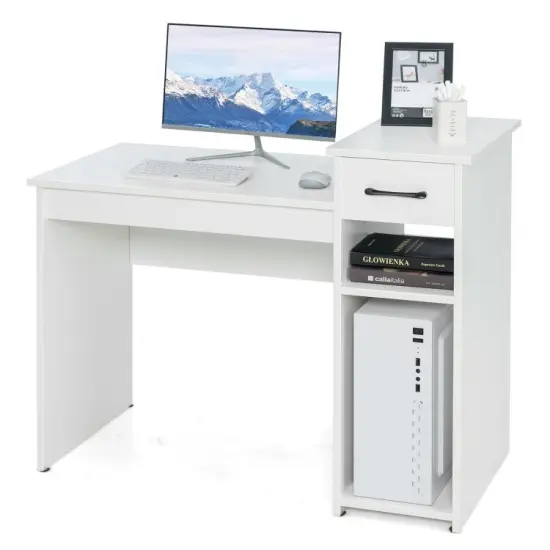 White Computer Desk PC Laptop Table with Drawer and 2-Tier Storage Shelf {5}