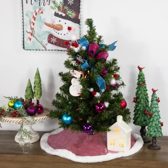 Northlight 20" Pink Glittered Mini Christmas Tree Skirt with White Fur Trim {3}